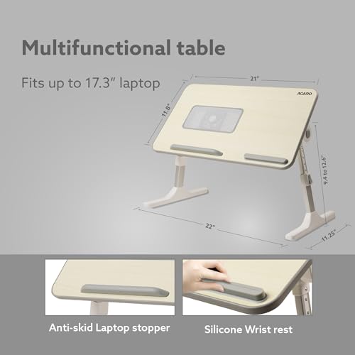Image of AGARO Laptop Table with 1800 RPM USB Cooling Fans, Height & Angle Adjustable, Foldable, Ergonomic, Sturdy Stand with Anti-Slip Stopper & Wrist Support for Bed, Sofa & Floor, for Work, Study & More