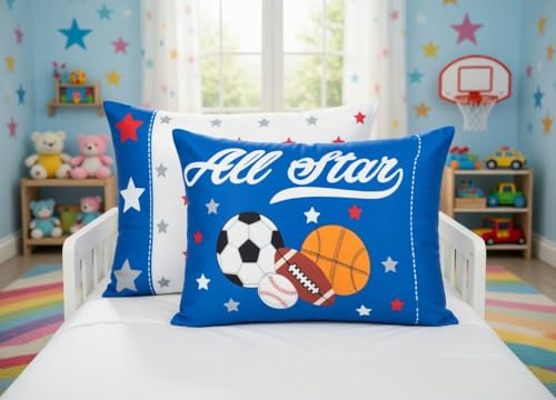 Image of Everyday Kids 2-Pack Standard Size Pillowcases Fit Pillows 30 x 20 inch - Soft Breathable 100% Cotton Percale - Perfect for Toddler Little Boy Twin /Full Size Bed - Jungle Sports