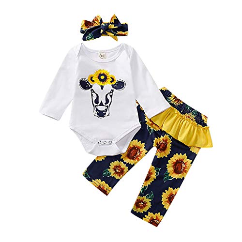 Newborn Baby Girl Outfits Clothes, Toddler Sunflower Cow Print Long Sleeve Romper Pants Headband 3PCS Set (Age:6-12 Months, White)