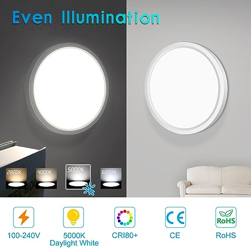 LightingWill 7 Inch LED Flush Mount Ceiling Light Fixture, 5000K Daylight White, 1500LM, 12W, Flat Modern Round Lighting Fixture, 120W Equivalent White Ceiling Lamp for Kitchens, Bedrooms.etc.