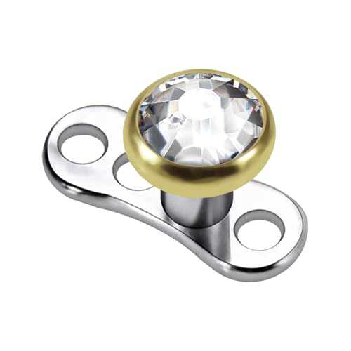 14K Solid Yellow Gold Round Crystal Stone Top with G23 Grade Titanium Internally Micro Dermal Anchor Drivers - Surface - Skin Piercing