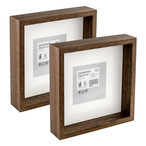 Ikea SANNAHED Deep 3D Box Square Photo Display Frames, Dark Walnut Wood Effect, 25 x 25 cm (13 x 13 cm with mat), Wall/Freestanding - Set of 2, 305.531.17-2