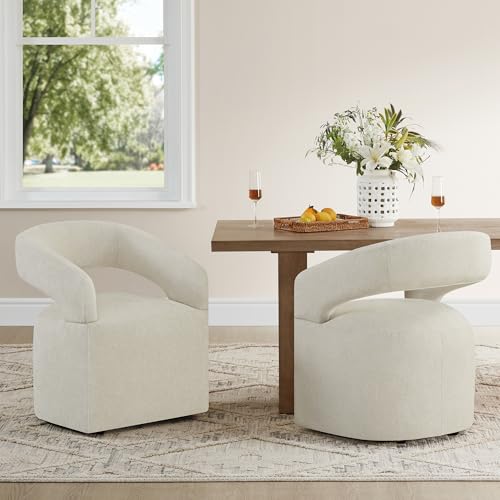 Image of KISLOT Upholstered Dining Chairs with Casters, Modern Barrel Side Armchair with Rollers for Dining Room, Bedroom, Kitchen, Reading Room, Cream Beige, Set of 2