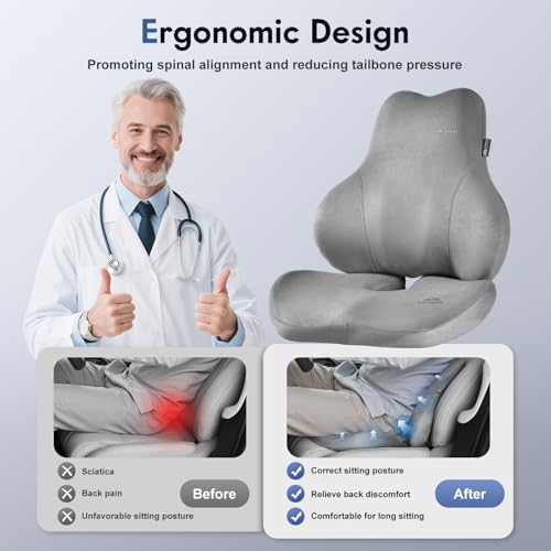 Image of Coverado Memory Foam Car Seat Cushion and Lumbar Support Pillow for Car, Ergonomic Office Chair Cushion for Lower Back Pain Relief, Breathable & Non-Slip for Car, Home, and Office Use, Gray