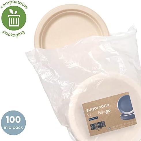 HAAGO - 100 Heavy Duty Surgacane Bagasse Biodegradable Party Side Plates, Compostable & Eco-friendly - 18cm
