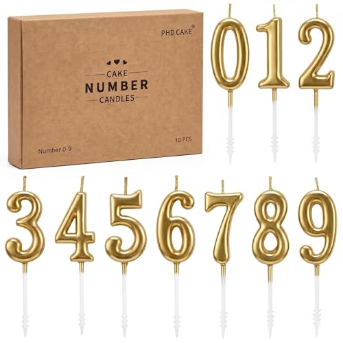 PHD CAKE 10-Pieces Champagne Gold Number Birthday Candles Cake Numeral Candles Number 0-9 Glitter Cake Topper Decoration for Birthday Wedding Anniversary Party Celebration