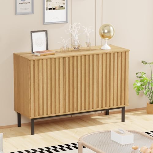 Image of Garvee 47.2 Inch Sideboard Buffet Cabinet with Fluted Doors, Modern Wood Storage Cabinet with Adjustable Shelf, Freestanding Coffee Bar for Dining Room Living Room