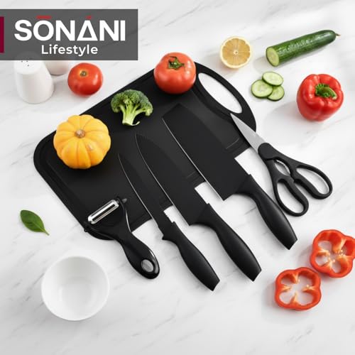 Image of Professional Piece Kitchen Knife Set - High Carbon Stainless Steel Chef, Utility & Santoku Knives with Ergonomic Blue Handles Knife (Black, Chopping Board)