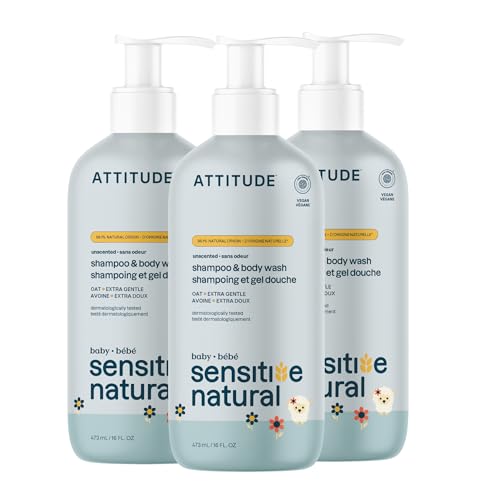 Image of ATTITUDE Baby 2-in-1 Shampoo and Body Wash, EWG Verified, Plant- and Mineral-Based Ingredients, Vegan Products for Sensitive Skin, Unscented, 16 Fl Oz (Pack of 3)