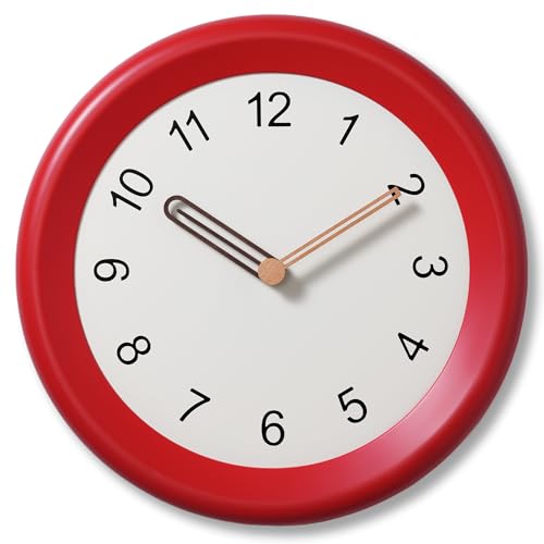 Image of Mosewa 10 Inch Red Wall Clock Silent Non-Ticking Quartz Battery Operated Analog Clock with Wood Hands, Easy to Read Minimalist Round Clock for Kitchen Living Room Bedroom Office