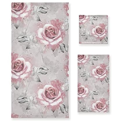 ALAZA Badetücher 3er Set, Mikrofaser Handtuch Badezimmer Leinen Rosa Rose Blumen und Blätter auf Grau Splash Paint Handtücher Set Geschenk mit 1 Gesichtshandtuch 1 Handtuch 1 Badetuch Laken,
