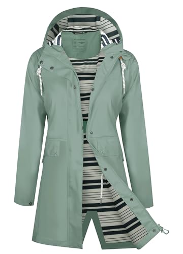 ATLASLAVA Regenjacke Damen Lang Wasserdicht Regenmantel mit Kapuze PU Trenchcoat für Outdoor Wandern Camping Graugrün M