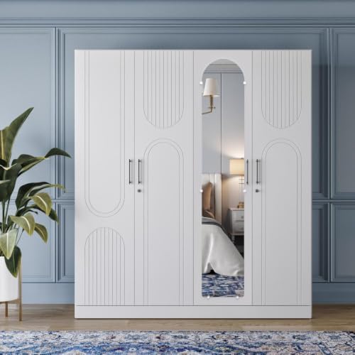 Image of Wakefit Tyrian Plus 4 Door with 4 Shelves 2 Drawers 2 Hanging Areas 1 Mirror SH3-Carcass: Frosty White,Shutter: White