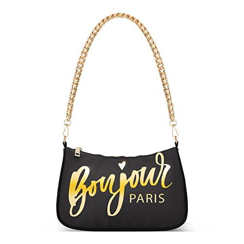 OTVEE Bonjour Paris Golden Black Shoulder Bags for Women Small Handbags Mini Clutch Purse
