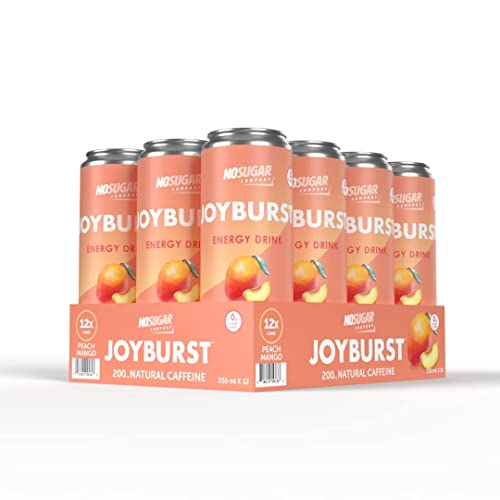 No Sugar Joyburst Energy Drink, 0 Calorie, 0 Sugar, Sugar Free Energy Drink with Natural Caffeine, Hint of Sweetness and Refreshing Sparkling Water - 12 Packs (Peach Mango)