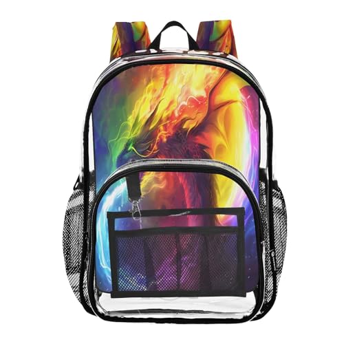 Fire Dragon Rainbow Clear Backpack Heavy Duty See Through Transparent PVC BookBag for Kids Boy Girl School Work