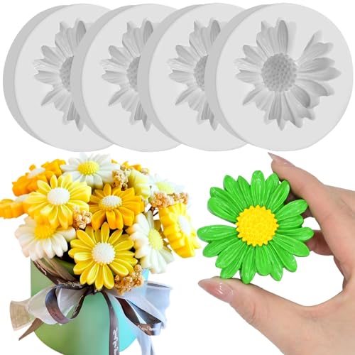 4 Pièces Moule en Silicone Fleur Marguerite, 3D moule silicone fleur, 3d moule bougie, Savon moule en silicone, Moule Bougie, Gâteaux, Bonbons, Pâtisserie, Dessert...