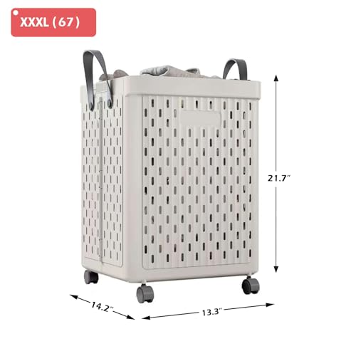 Image of UAK Plastic Laundry Basket with Wheels & Handle, 67L Heavy Duty Foldable Laundry Hamper - Easy Clean Waterproof Rolling Organizer for Bathroom & Laundry Room, Grey