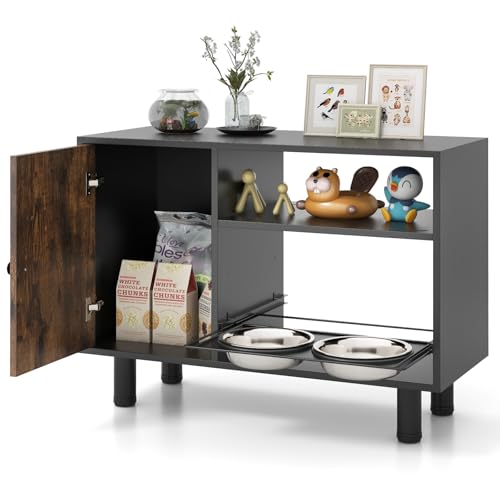 GOPLUS Estación de Alimentación para Mascotas, Gabinete de Almacenamiento para Comida de Perro con Altura Ajustable, 2 Cuencos Elevados, 2 Estantes Abiertos, Mueble para Alimentar Mascotas para Hogar