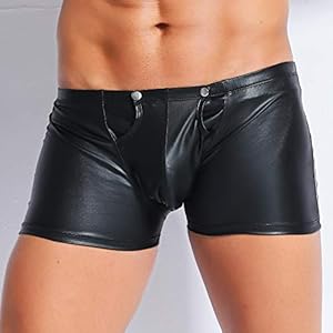 Mannen zwart Leer Strakke korte broek Wet look Glimmend Latex Boxershorts Rits Lingerie Nachtclub Bar Club Kleding