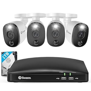 Swann Home DVR Security Camera System with 1TB HDD, 8 Channel 4 Camera, 1080p Full HD Video, Indoor or Outdoor Wired Surveillance CCTV, Color Night Vision, Heat Motion Detection, LED Lights, 845804