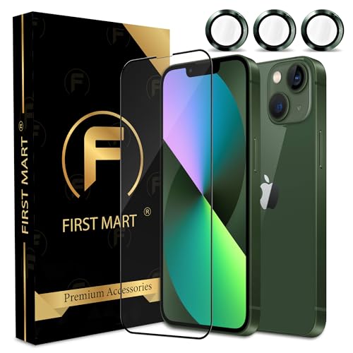 Image of FIRST MART Green Camera Ring Guard Protector for iPhone 14 & iPhone 13 | Tempered Glass with Metal Alloy Rings, HD Clear, Scratch Resistant, Case-Friendly | Pack of 1