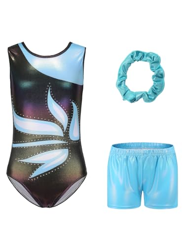 Fldy Maillot de gimnasia para niños y niñas, sin mangas, con pantalones cortos y goma para el pelo, maillot con purpurina, pantalones cortos acrobacias, ropa de baile, azul claro, 122 cm-128 cm