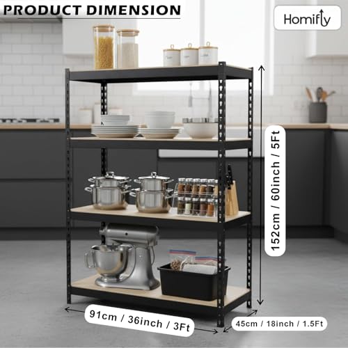 Image of HOMIFLY 4-Tier Extra Large Metal Shelf Rack /60x36x18 Inch Adjustable Boltless Shelving Unit /Heavy Duty Display Rack Organizer for Garage /Kitchen /Warehouse /Tool-Free Assembly and Rust-Resistant
