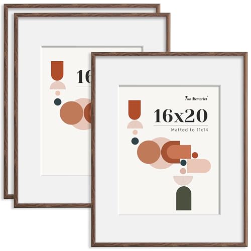Fun Memories 16x20 Picture Frame Display 11x14 With Mat or Without Mat Poster Frames With HD Plexiglass Wall or Tabletop Display Wall Hook Included Walnut 3 Pack