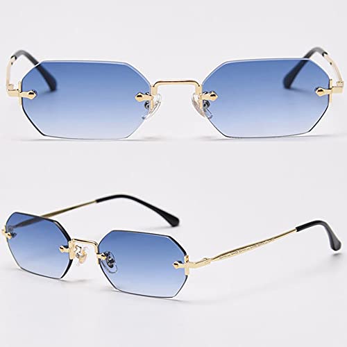kachawoo Men Rectangle Sunglasses Rimless Octagonal Small Glasses Women Metal Blue Brown3