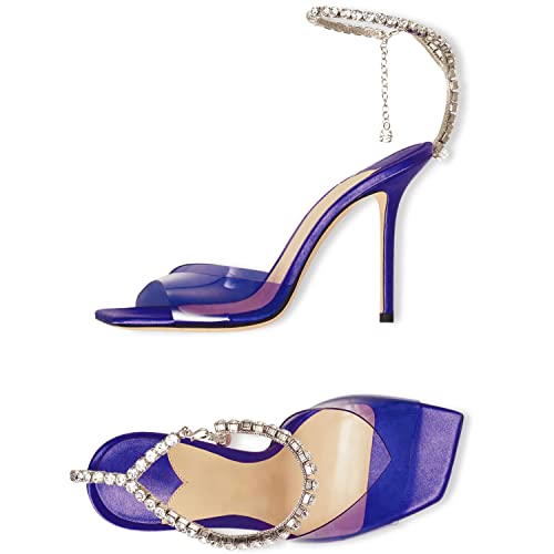 Women's Heeled Sandals Crystal Chain Ankle Strap Rhinestone Buckle Square Open Toe Stiletto High Heels Wedding Party Satin Dress Shoes4