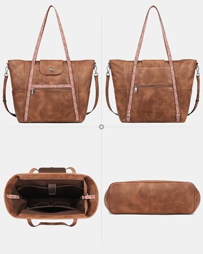 FADEON Large Laptop Tote Bag for Women Designer Leather Laptop Bag Fashion Travel Backpack Purse Shoulder Handbag Brown