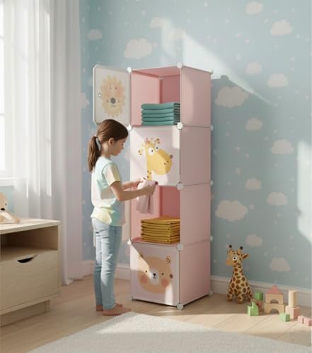 Image of KRISHYAM Kids Modular Storage Cabinet with Cartoon Animal Doors, 4 Cube Plastic Wardrobe Organizer, DIY Closet System with Hanging Rod, Toy & Clothes Storage (Pink, 4 Box)