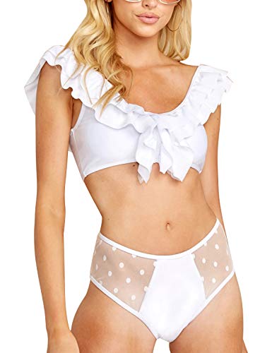 Blooming Jelly Women's Sexy Two Piece Swimsuits Ruffle Flounce High Rise Bikini Sets(L,White)