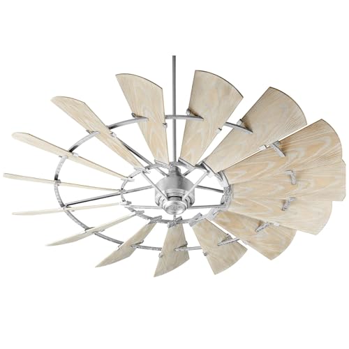 Quorum 197215-9 Windmill 72 Inch Ceiling Fan | 15 Blade Wagon Wheel Design | 6 Speed Reversible DC Motor | Remote Control Included | Damp Rated Fan | Weathered Oak Blades | Galvanized Finish