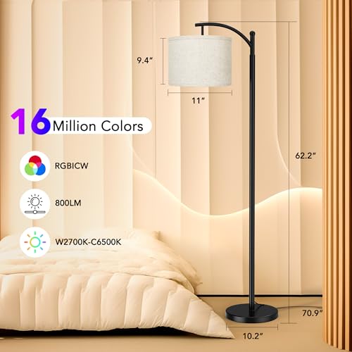 ROTTOGOON Floor Lamps with Matter Smart Light Bulb, RGB + Color Temperatures Bright Dimmable Smart Floor lamp, Living Room Standing Tall Industrial Floor Lamp (Beige Lampshade Included) -Black