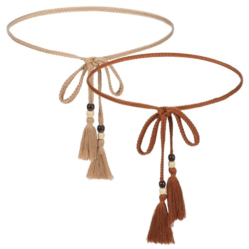 2PCS Rope Belt Women,Vintage Woven Tie Belts for Women, with Tassels and Wooden Beads, Bohemian Belt, for Dresses, Overalls, Skirts, Shorts, Jumpsuits