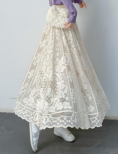 Kisidoo Women's High Waist Pleated A-Line Long Maxi Lace Skirt4