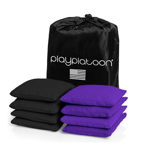 Play Platoon Weather Resistant Cornhole Bags - Set of 8 Regulation Corn Hole - Purple & Black - Durable Duck Cloth Corn Hole for Tossing Game, Includes Tote Bag