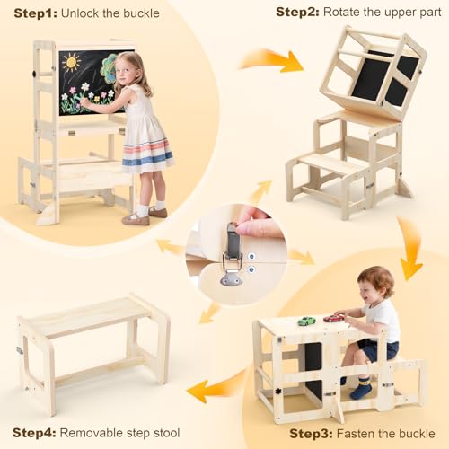 Image of Toddler Kitchen Step Stool, 4-in-1 Foldable Standing Tower with Blackboard, Toddler Step Stool for Bathroom Sink, Kitchen Counter, Ages 18 Months+, 1-3 Year Old Boy Girl Gifts