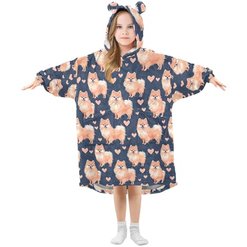 CHIFIGNO Pomeranian Dogs Wearable Blanket for Kids Girls Boy 3-14Y Comfy Blanket Hoodie Oversized Blanket Hoodie with Pockets
