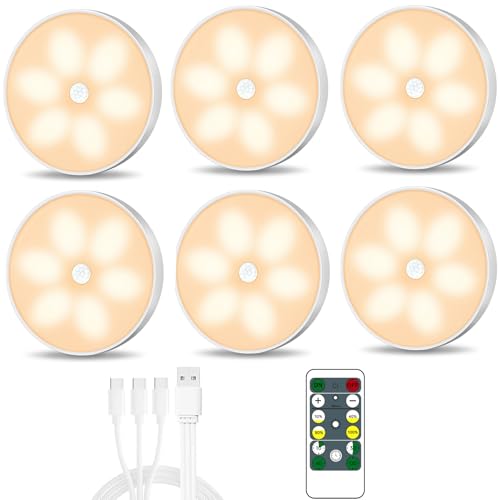 Warm Color LED Closet Lights Motion Sensor Puck Light, USB Rechargeable Battery Operated Puck Step Lights, Dimmable Under Cabinet Lighting for Counter Wardrobe Kitchen (6 Pack)