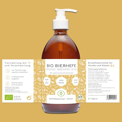 Bio-Bierhefe für Hunde und Katzen | 500 ml flüssige Bierhefe | 100% Bio zur Haut- und Fellpflege, Futterergänzung mit Vitamin B, reich an Mineralien & Spurenelementen, DE-ÖKO-060