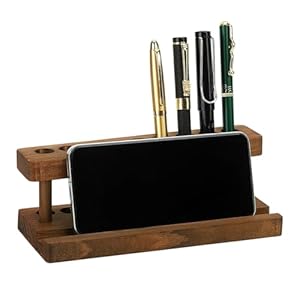 PH PandaHall Wooden Pen Display Stand Wood Pencil Holder for Desk, Brown Solid Wood Pen Organizer with 9 Slots and Phone Holder for School Office Home Store, 7.87×3.15×2.68 inches