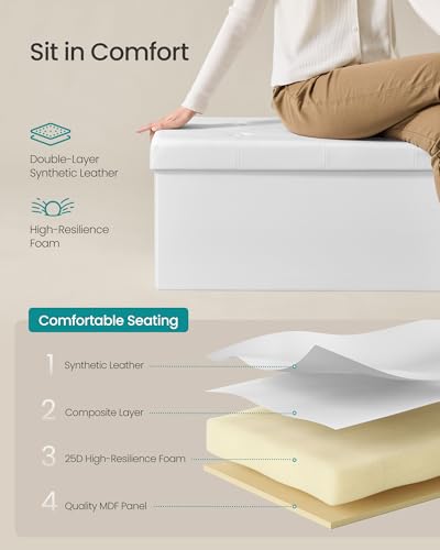 Image of SONGMICS MAZIE Collection - 30 Inches Folding Storage Ottoman Bench, Ottoman with Storage, Foot Rest Stool, Load 660 lb, for Living Room, Synthetic Leather, White ULSF106