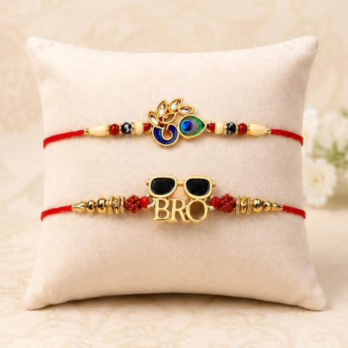 Image of Oblivion Rakhi Set of 2 for Brothers with Reusable Orange 750ml Water Bottle, Om Peacock Feather and BRO Sunglasses Rakhi, Roli Chawal, Shagun Coin and Greeting Card