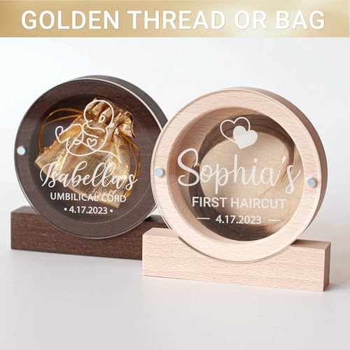 Image of Personalized Baby's First Haircut Memory Box with Name, Wooden Keepsake with Engraving, Hair and Tooth Storage Umbilical Cord Case for Baby Shower Birthday Gift (Dark Wood Round)