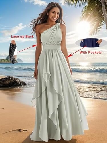 A Line One Shoulder Bridesmaid Dresses for Wedding Ruffles Chiffon Long Formal Evening Party Gowns with Pockets2