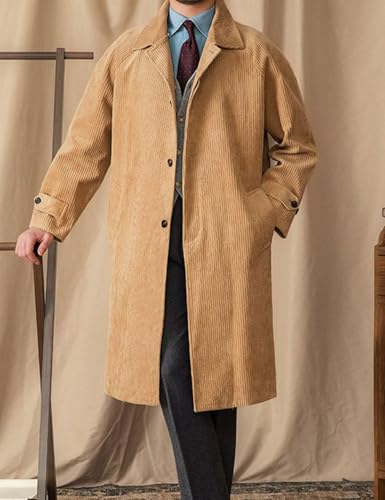 ONAXTDA Men's Corduroy Stripes Overcoat Slim Fit Single Breasted Lapeled Casual Long Jacket Pea Coat with Pockets2