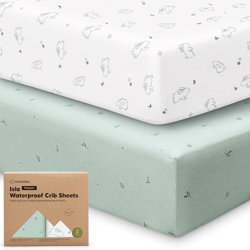 Image of 2-Pack Waterproof Baby Crib Sheets for Boys, Girls - 52x28 Viscose Derived from Bamboo Toddler Bed Sheet Neutral, Fitted Crib Mattress Protector Cover for Baby Bedding, Soft & Gentle (Bunnies)